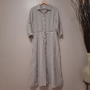 J Jill Love Linen Tan White Stripe Maxi Dress Womens Size L 3/4 Roll Tab Sleeve